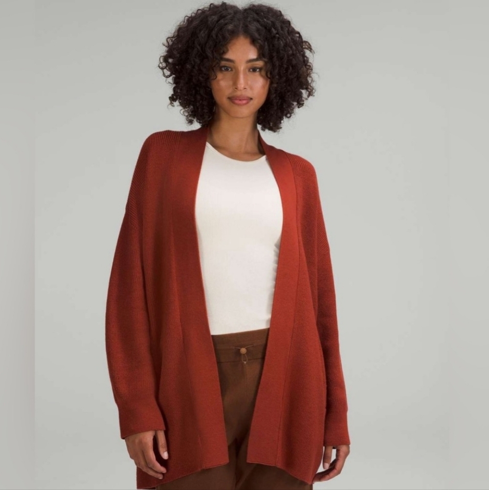 Lululemon Merino Wool-Blend Ribbed Long Wrap Sweater Cayenne Oversized Size 14